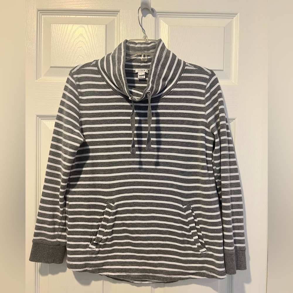 J.Crew Gray Striped Waffle Pullover Cowl Neck 100% Cotton Size Small